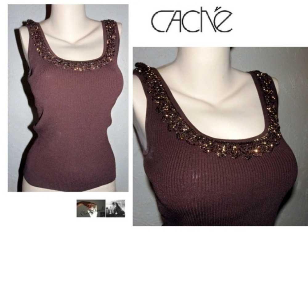 Cache Dark Brown Sleeveless Beaded Knit Sweater
